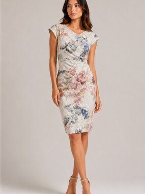 Adrianna Papell Ivory Floral Lace Midi Dress with Pink & Blue Blooms